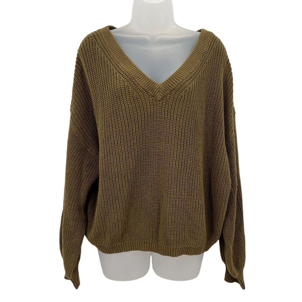 NEW BP Pullover Large Olive Green Chunky Knit V-neck Long Sleeve 100% Cotton